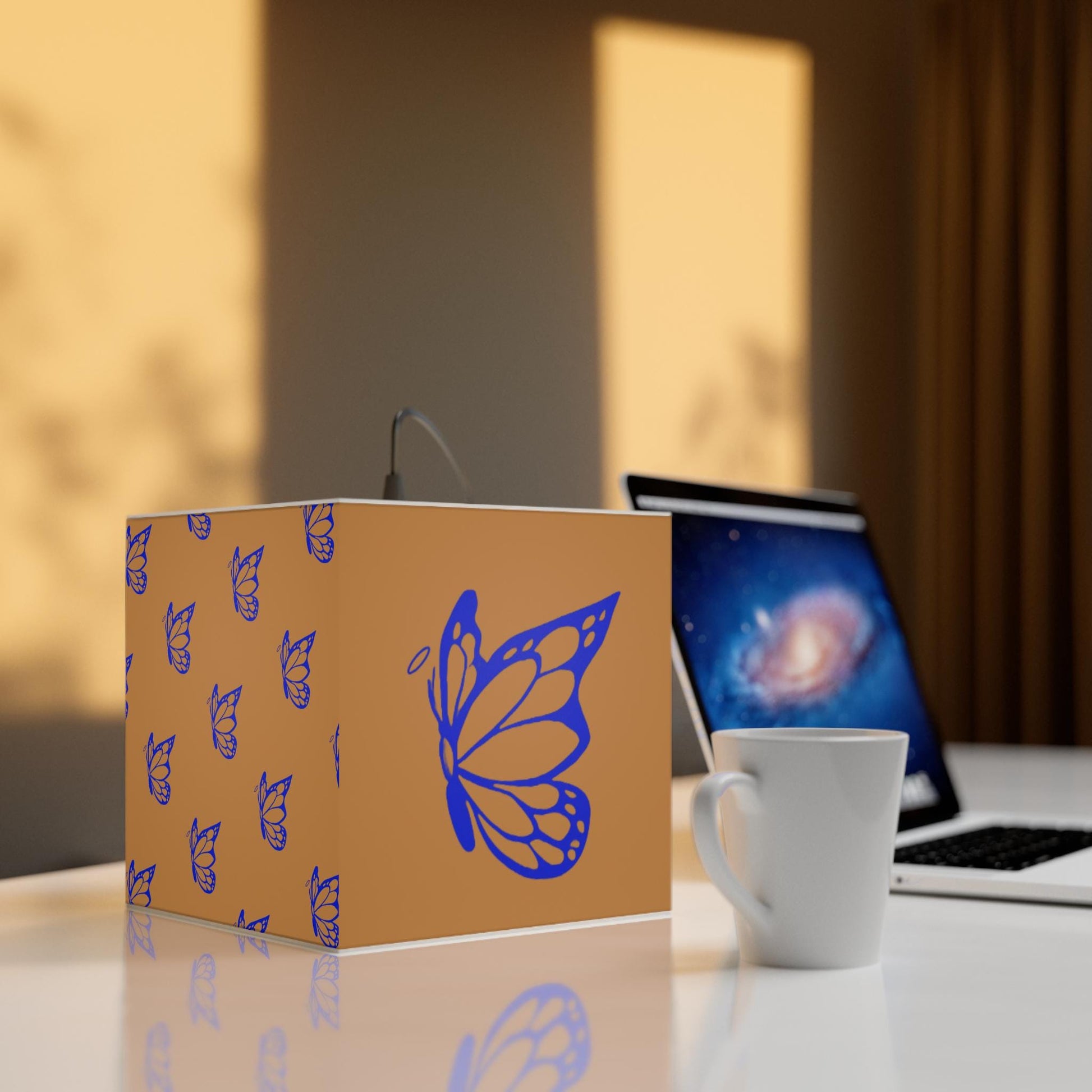 Blue Halo Butterfly Light Brown Cube Lamp, Home Decor, Night Light, Gift for Her, Modern Lighting