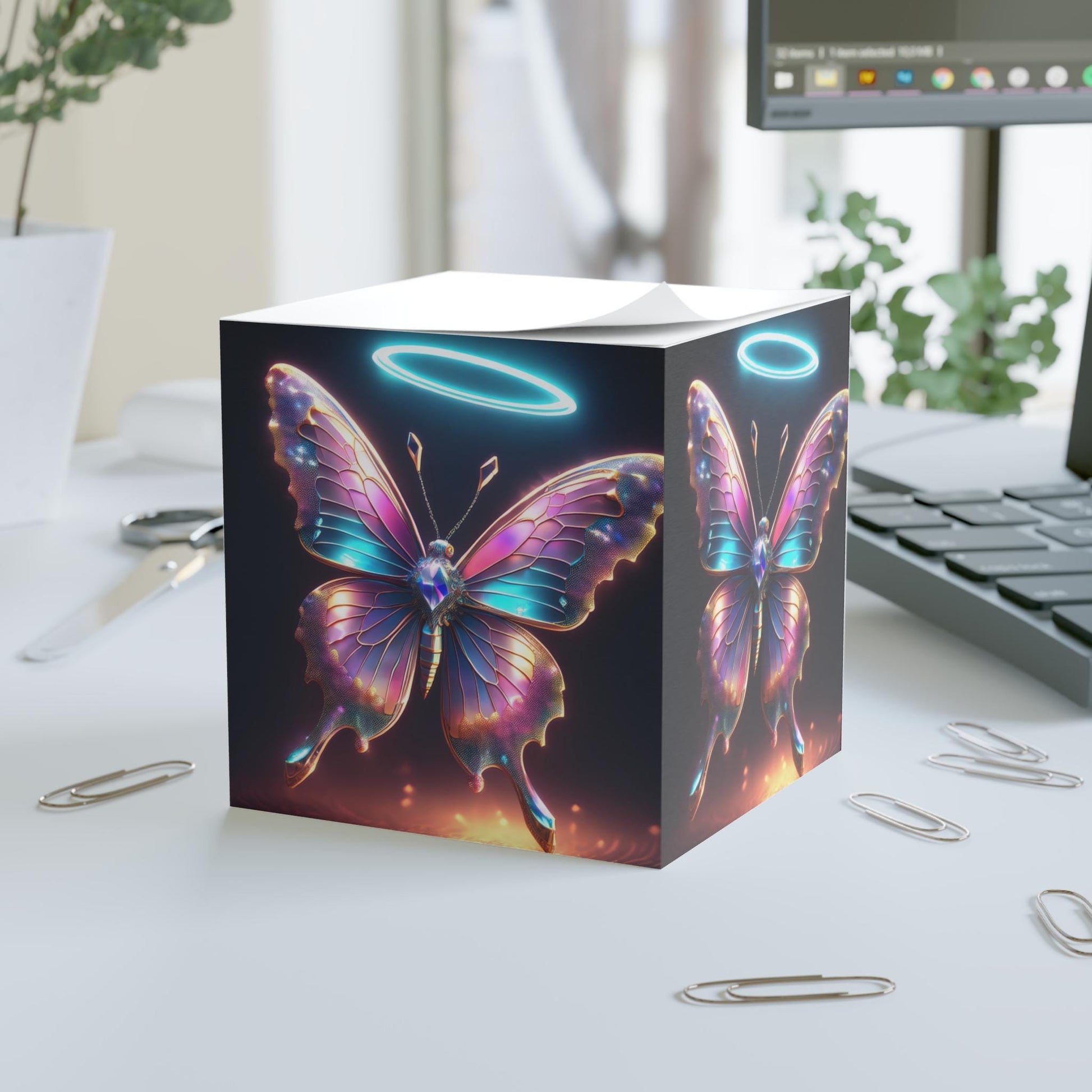 Colorful Dancing Halo Butterfly Note Cube with Halo Design, Inspirational Memo Pad, Gift for Writers, Office Decor, Easter, Angelic Vibes