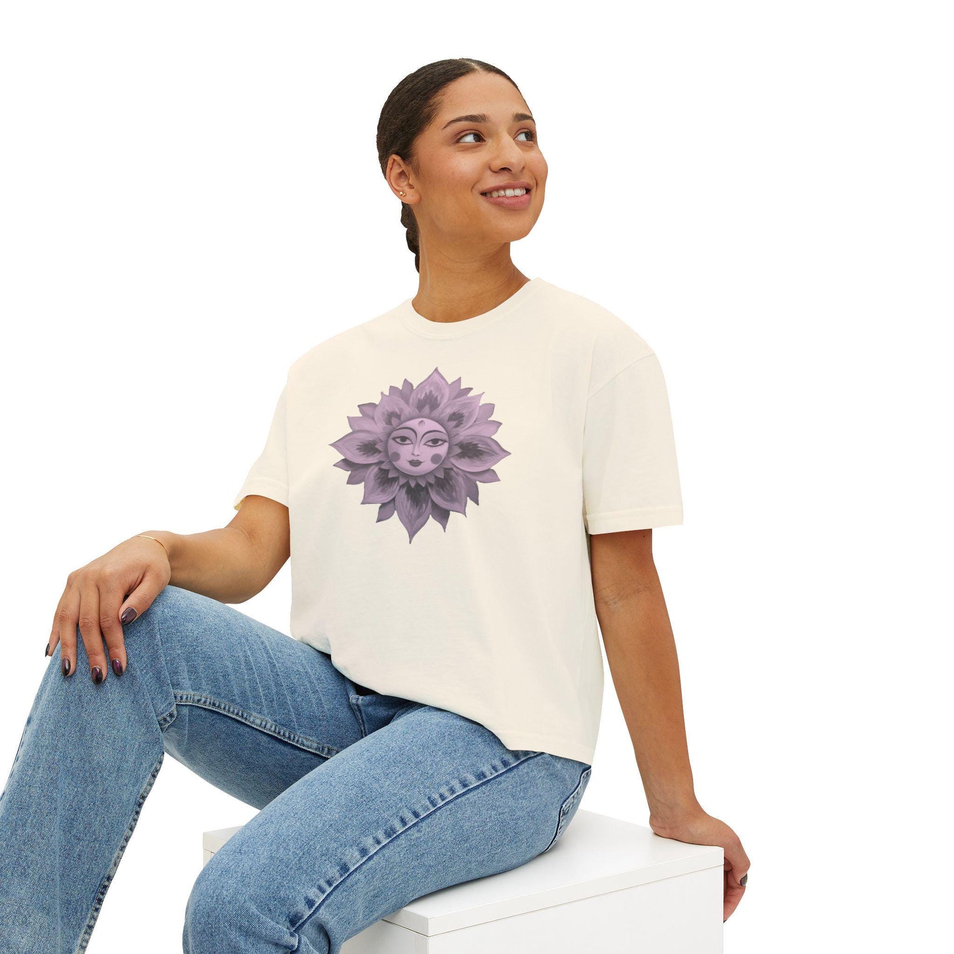 Boho Sun Flowers Graphic Boxy Tee - Relaxed Fit Women's Top, Casual Summer Outfit, Festival Wear, Gift for Her, Sun Lover Shirt