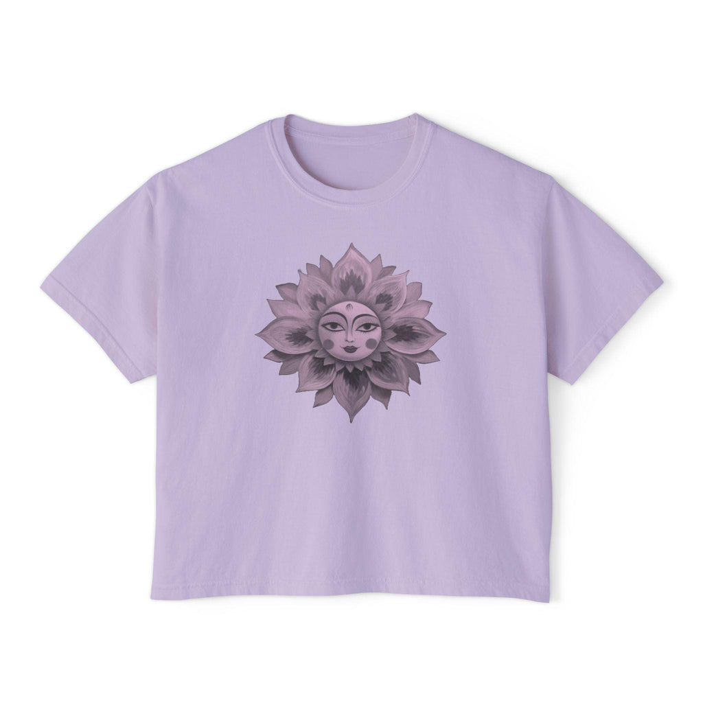 Boho Sun Flowers Graphic Boxy Tee - Relaxed Fit Women's Top, Casual Summer Outfit, Festival Wear, Gift for Her, Sun Lover Shirt