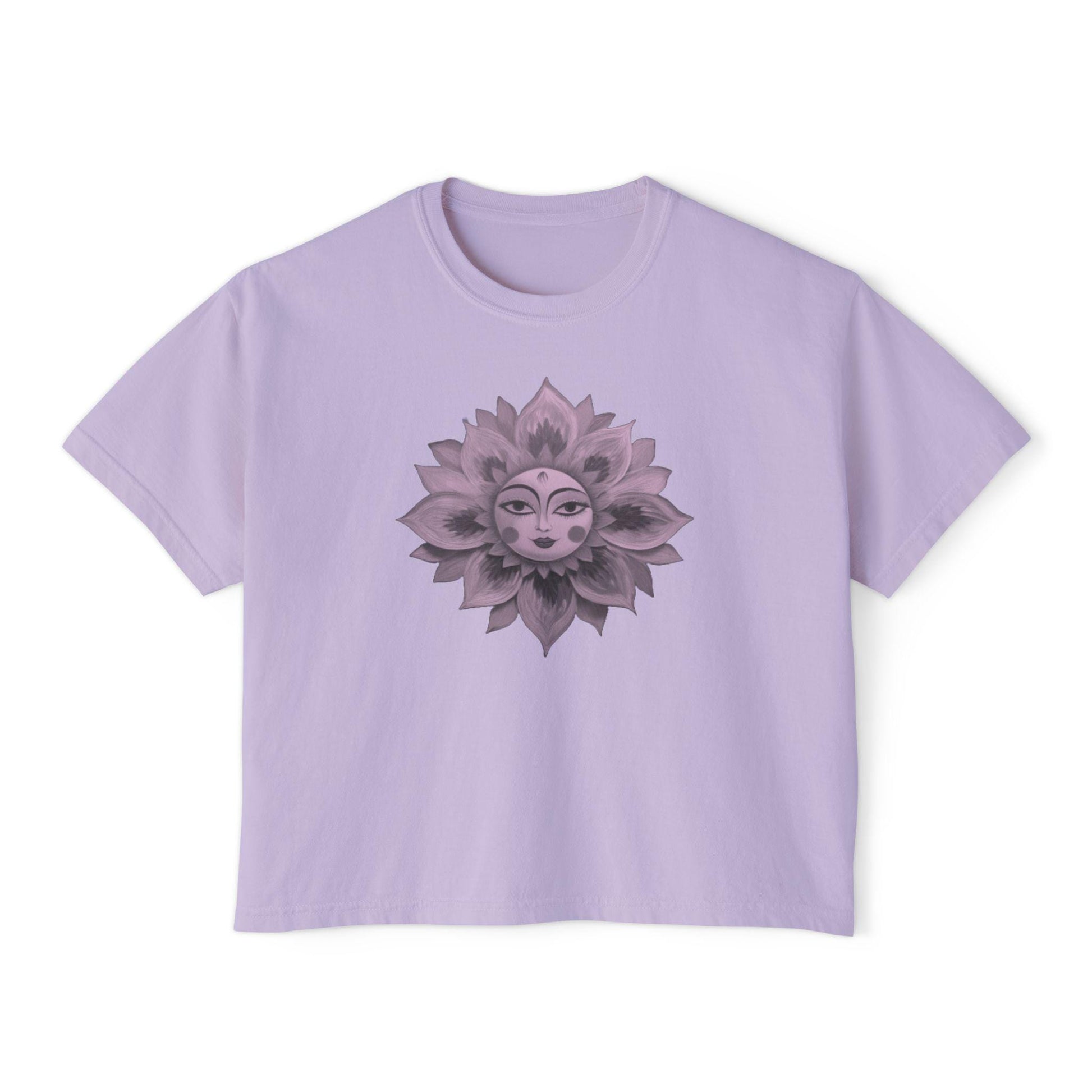 Boho Sun Flowers Graphic Boxy Tee - Relaxed Fit Women's Top, Casual Summer Outfit, Festival Wear, Gift for Her, Sun Lover Shirt