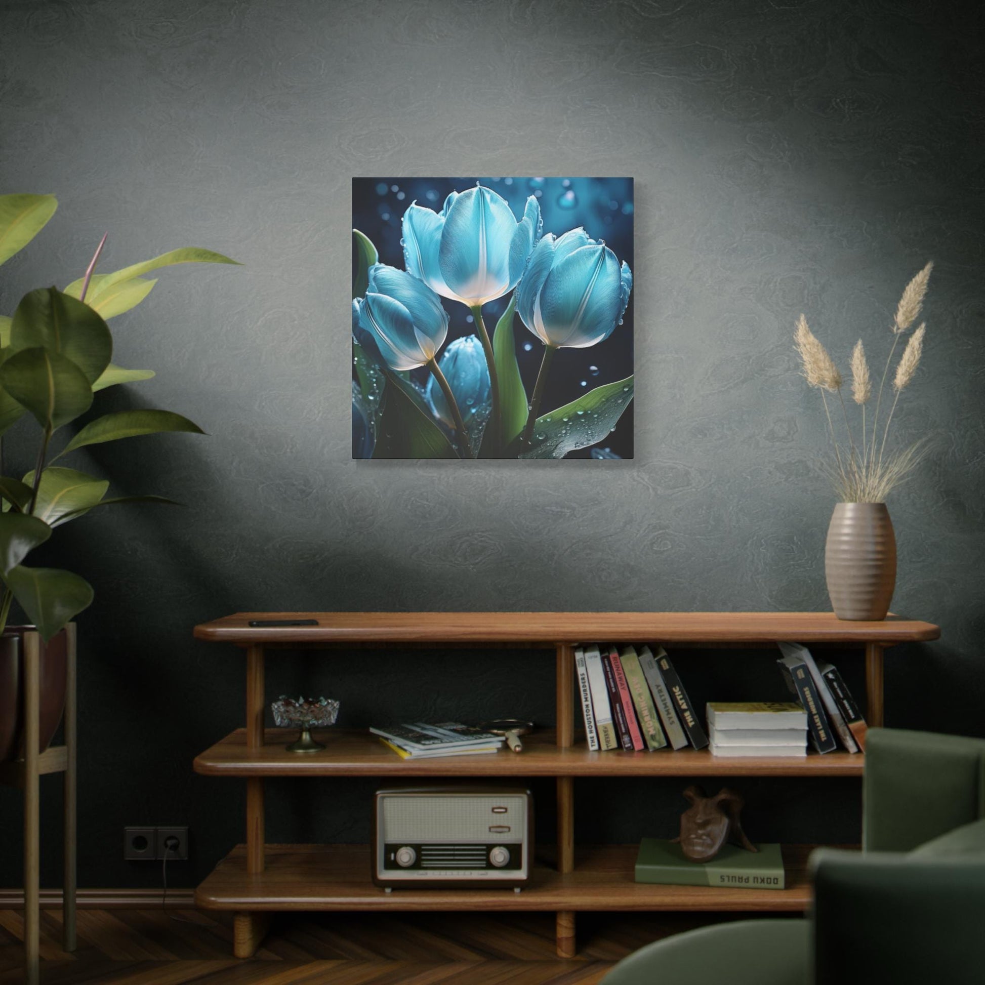 Beautiful Blue Tulip Canvas Art, Floral Wall Decor, Home Accents, Gift for Her, Nature Inspired Art, Halo Butterfly, Modern Flower Print
