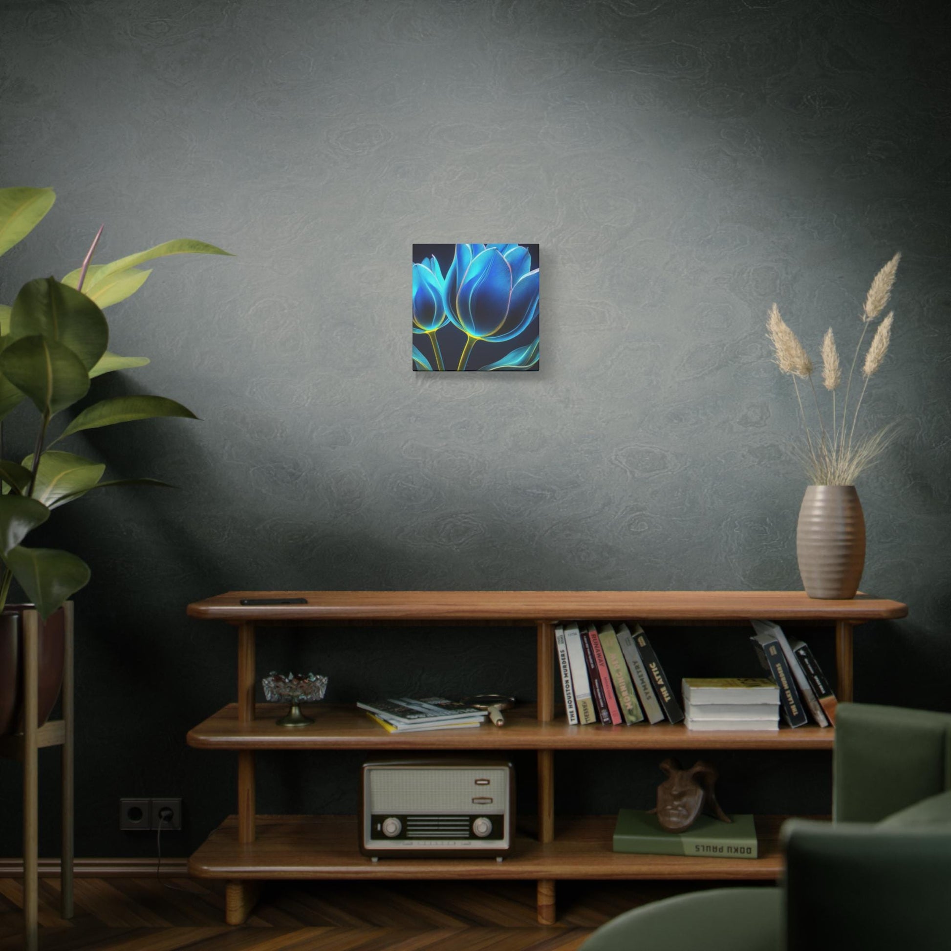 Bold Blue Tulip Canvas Wall Art, Flower Print Decor, Home Gallery Display, Gift for Flower Lovers, Halo Butterfly, Colorful Floral Artwork