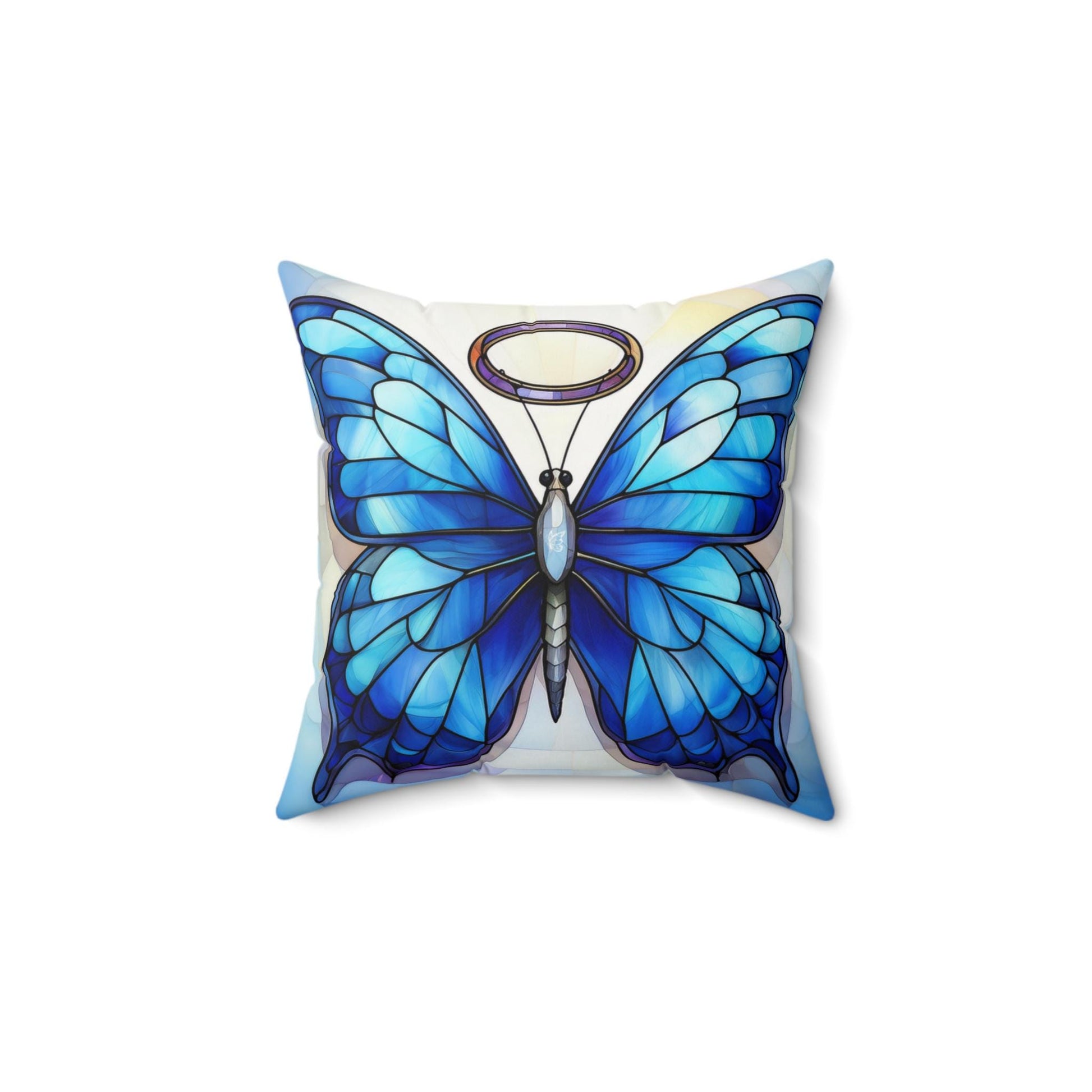 Blue Stained Glass Halo Butterfly Faux Suede Square Pillow Decorative Cushion, Cozy Home Accent, Butterfly Decor, Modern Sofa Pillow