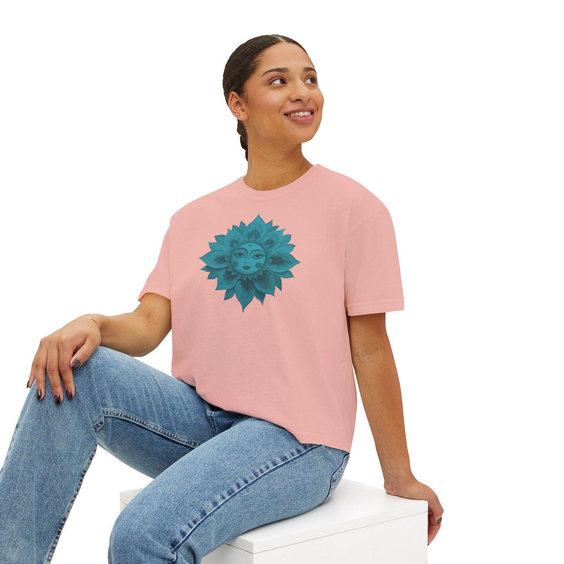Bohemian Women's Boxy Tee with Floral Design, Casual Graphic T-Shirt, Summer Top, Gift for Her, Eco-Friendly Fashion
