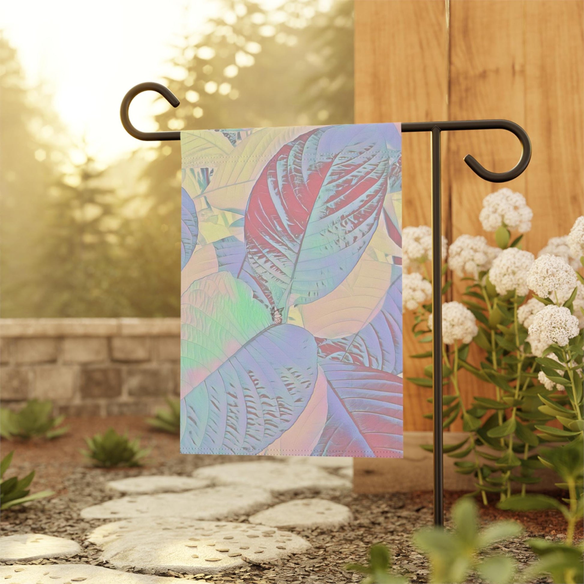 Colorful Botanical Leaves Garden & House Banner, Vibrant Garden Flag, Outdoor Decoration, Halo Butterfly, Nature Inspired Banner
