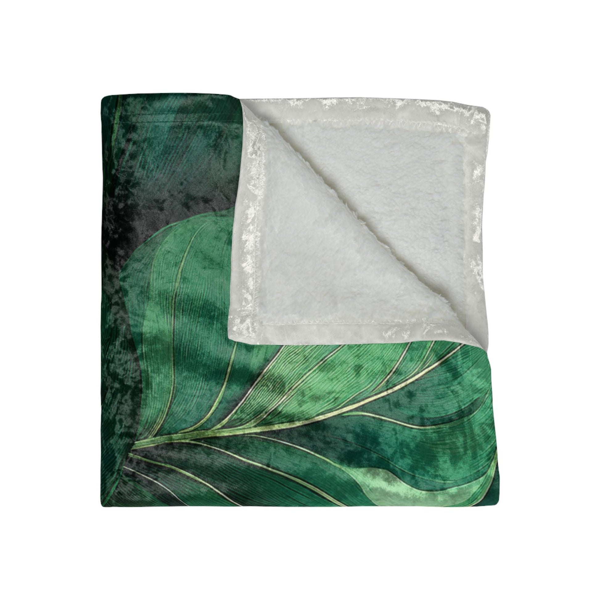 Botanical Emerald Leaves Luxurious Crushed Velvet Blanket, Cozy Throw for Home Decor, Leaf Pattern Soft Blanket, Greenery Decor